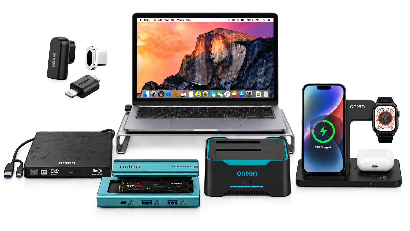 Onten accessories: magnetic USB adapters, external Blu-ray drive, M.2 SSD enclosure hub, dual-bay hard drive dock, laptop stand and a 3-in-1 wireless charging station